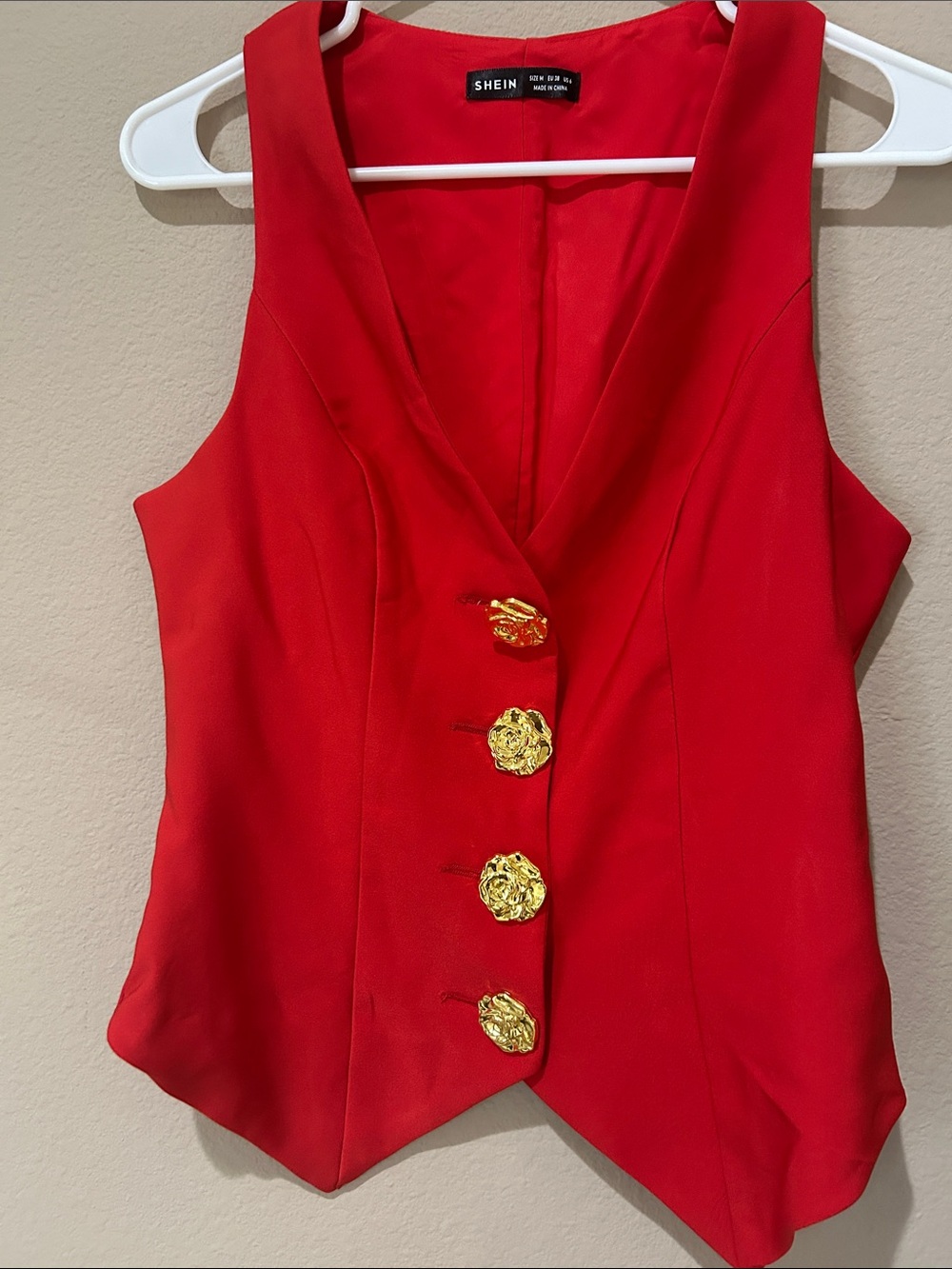 SHEIN Red V-Neck Sleeveless Button Vest with Gold Buttons